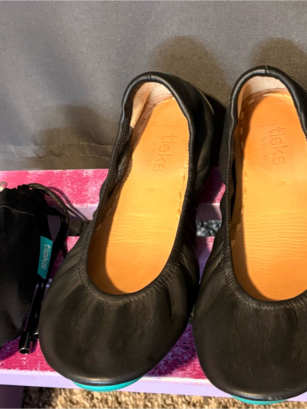 Tieks Black Leather Ballet Flats with Teal Sole Accent